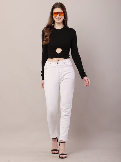 Acrylic Full Sleeve with Round Neck Crop Black Sweater