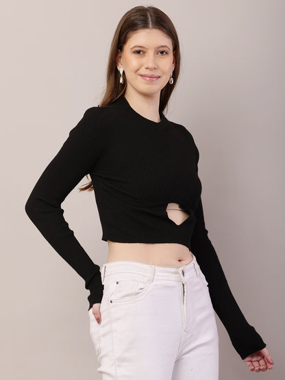 Acrylic Full Sleeve with Round Neck Crop Black Sweater