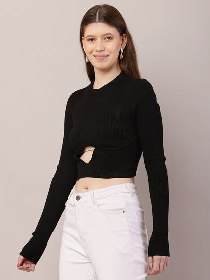 Acrylic Full Sleeve with Round Neck Crop Black Sweater