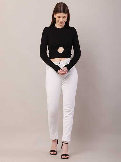 Acrylic Full Sleeve with Round Neck Crop Black Sweater