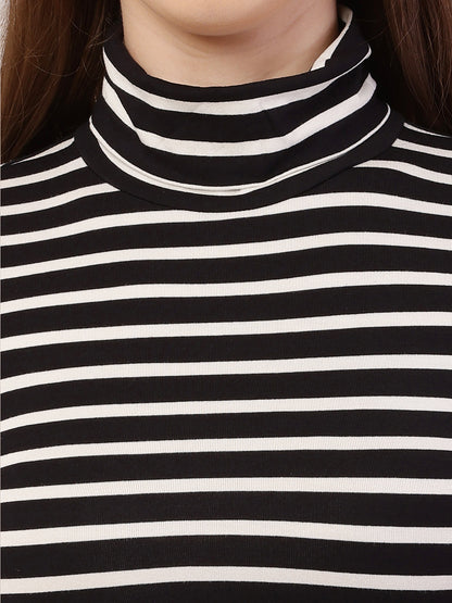 Polyester Full Sleeve with High-Neck Striped Black and White Crop Top