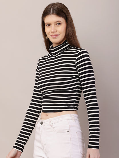 Polyester Full Sleeve with High-Neck Striped Black and White Crop Top