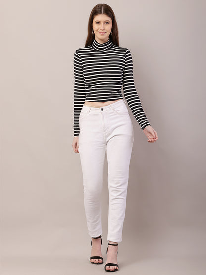 Polyester Full Sleeve with High-Neck Striped Black and White Crop Top