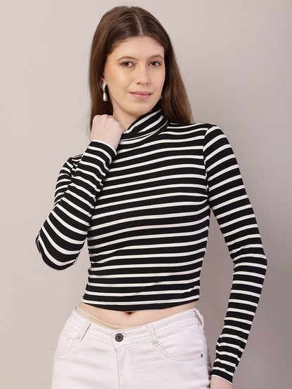 Polyester Full Sleeve with High-Neck Striped Black and White Crop Top