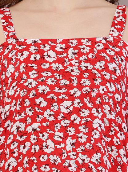 Red Floral Cold Shoulder Top with Side Tich Button Detailing – 100% Rayon Casual Wear