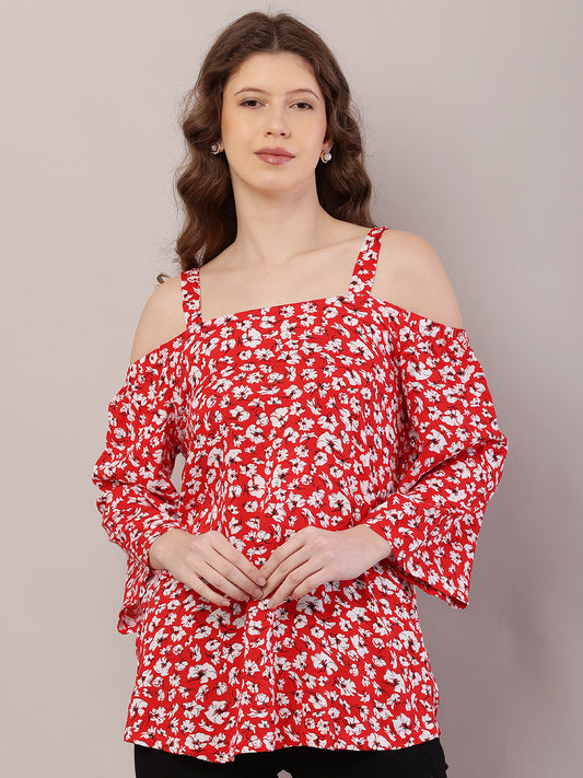 Red Floral Cold Shoulder Top with Side Tich Button Detailing – 100% Rayon Casual Wear