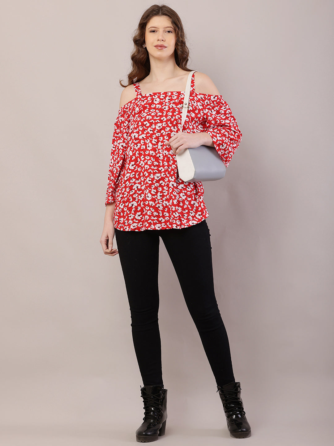 Red Floral Cold Shoulder Top with Side Tich Button Detailing – 100% Rayon Casual Wear