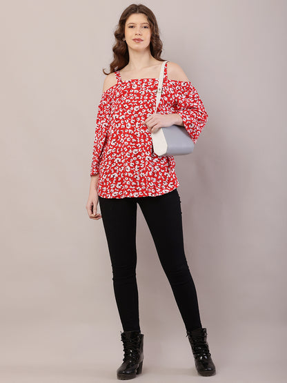 Red Floral Cold Shoulder Top with Side Tich Button Detailing – 100% Rayon Casual Wear