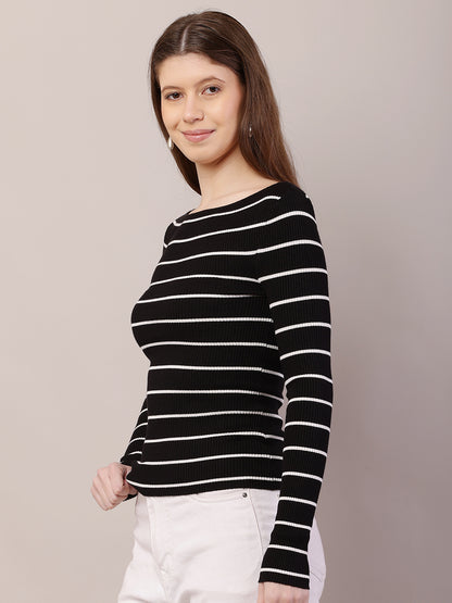 Acrylic Full Sleeve with Boat Neck Striped Ribbed Black Top