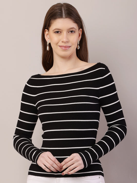 Acrylic Full Sleeve with Boat Neck Striped Ribbed Black Top