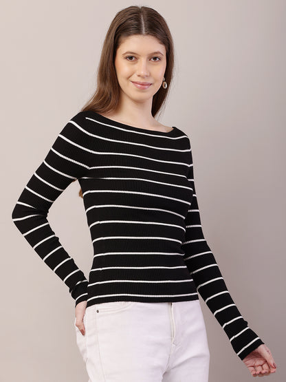 Acrylic Full Sleeve with Boat Neck Striped Ribbed Black Top