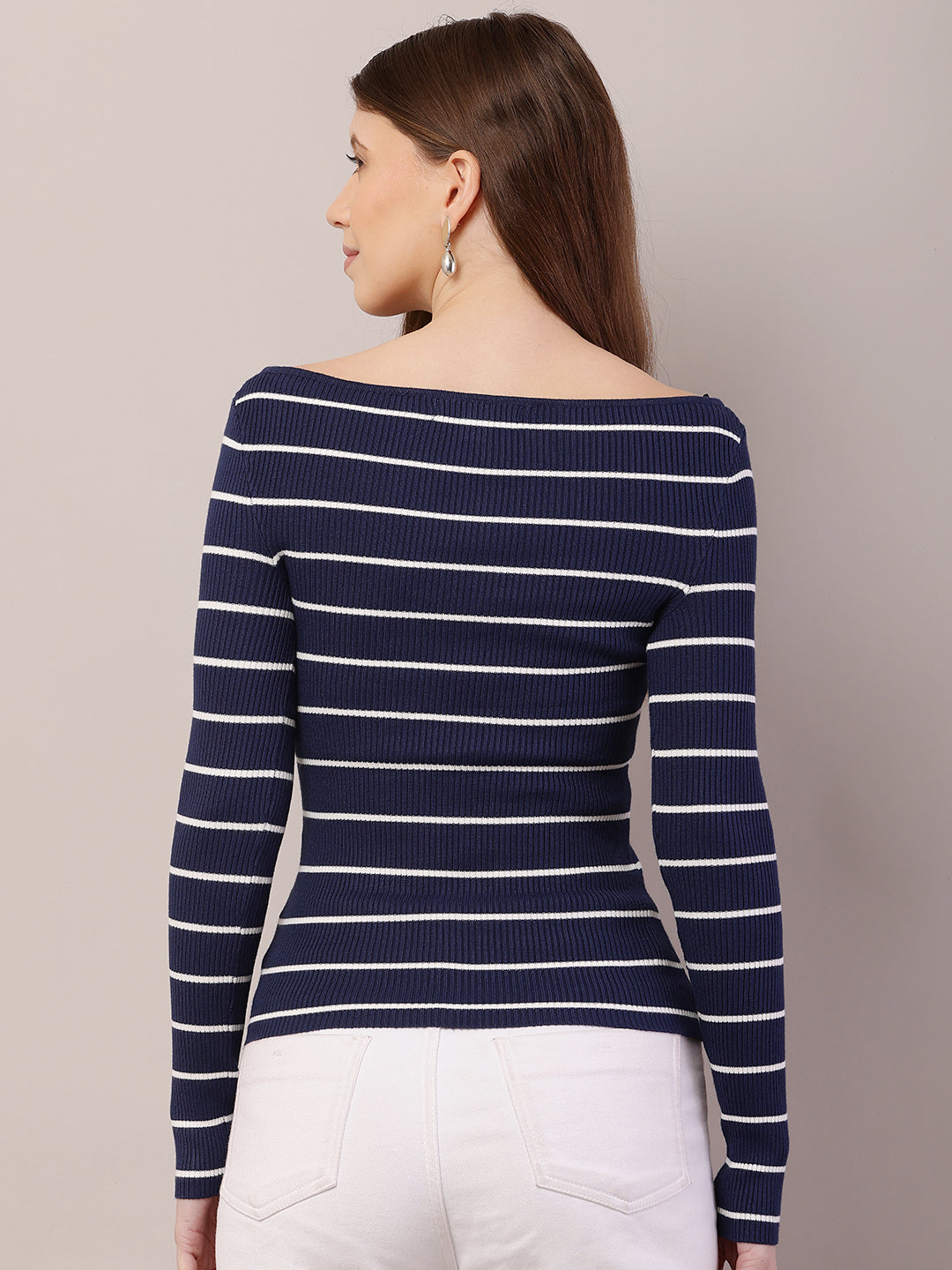 Acrylic Full Sleeve with Boat Neck Striped Ribbed Blue Top