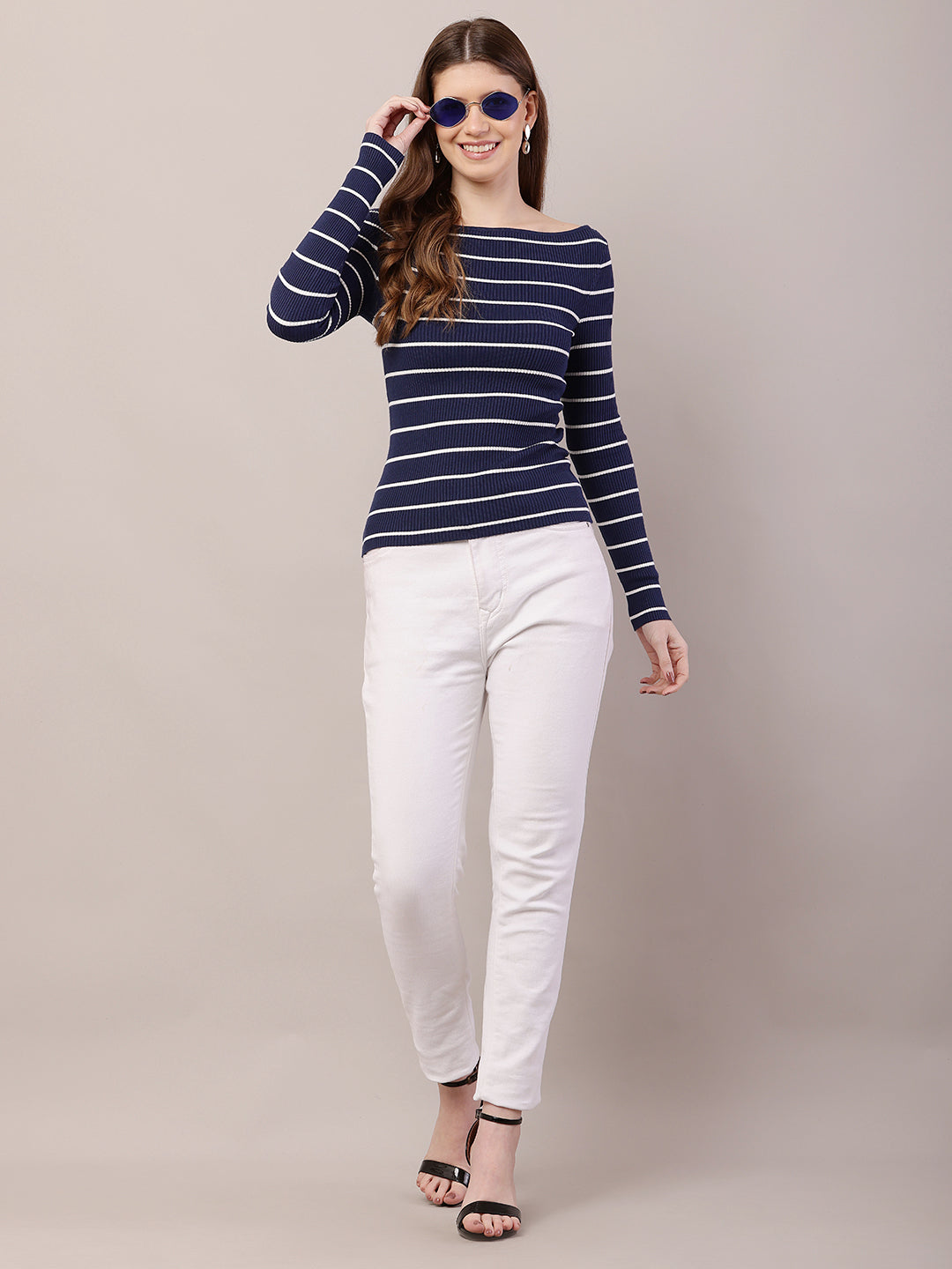 Acrylic Full Sleeve with Boat Neck Striped Ribbed Blue Top