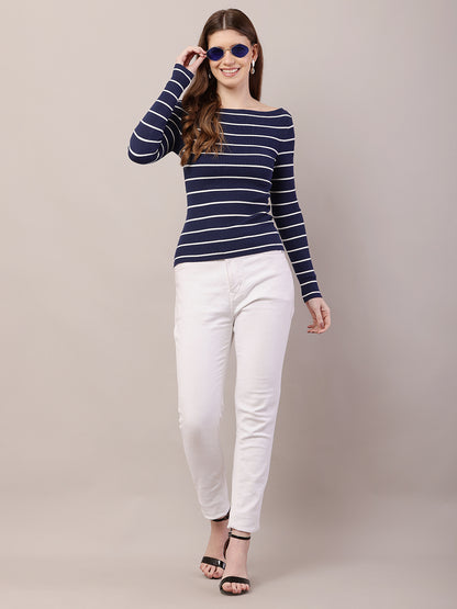 Acrylic Full Sleeve with Boat Neck Striped Ribbed Blue Top
