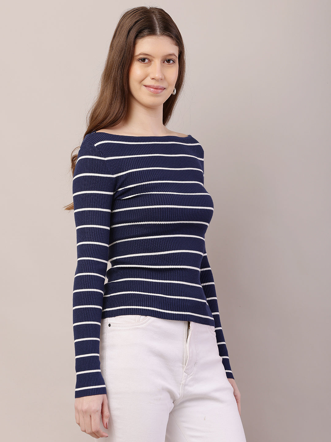 Acrylic Full Sleeve with Boat Neck Striped Ribbed Blue Top
