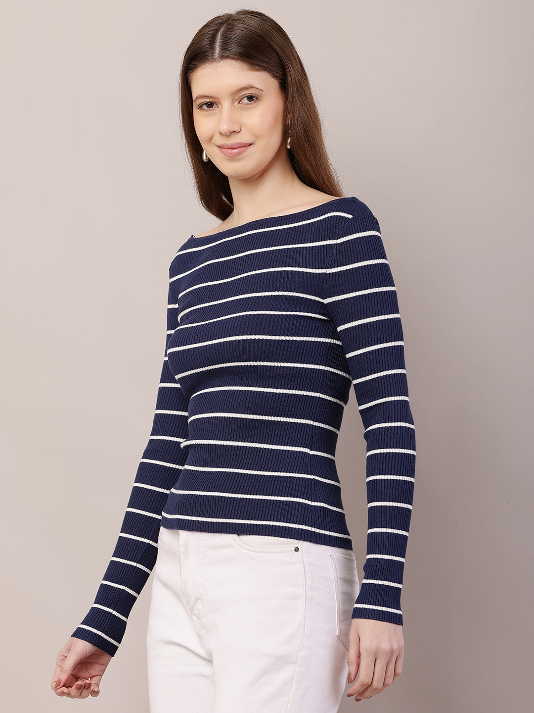 Acrylic Full Sleeve with Boat Neck Striped Ribbed Blue Top