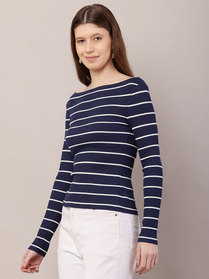 Acrylic Full Sleeve with Boat Neck Striped Ribbed Blue Top