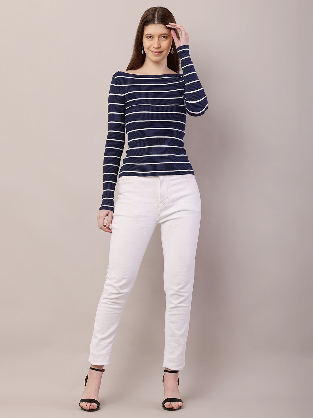 Acrylic Full Sleeve with Boat Neck Striped Ribbed Blue Top
