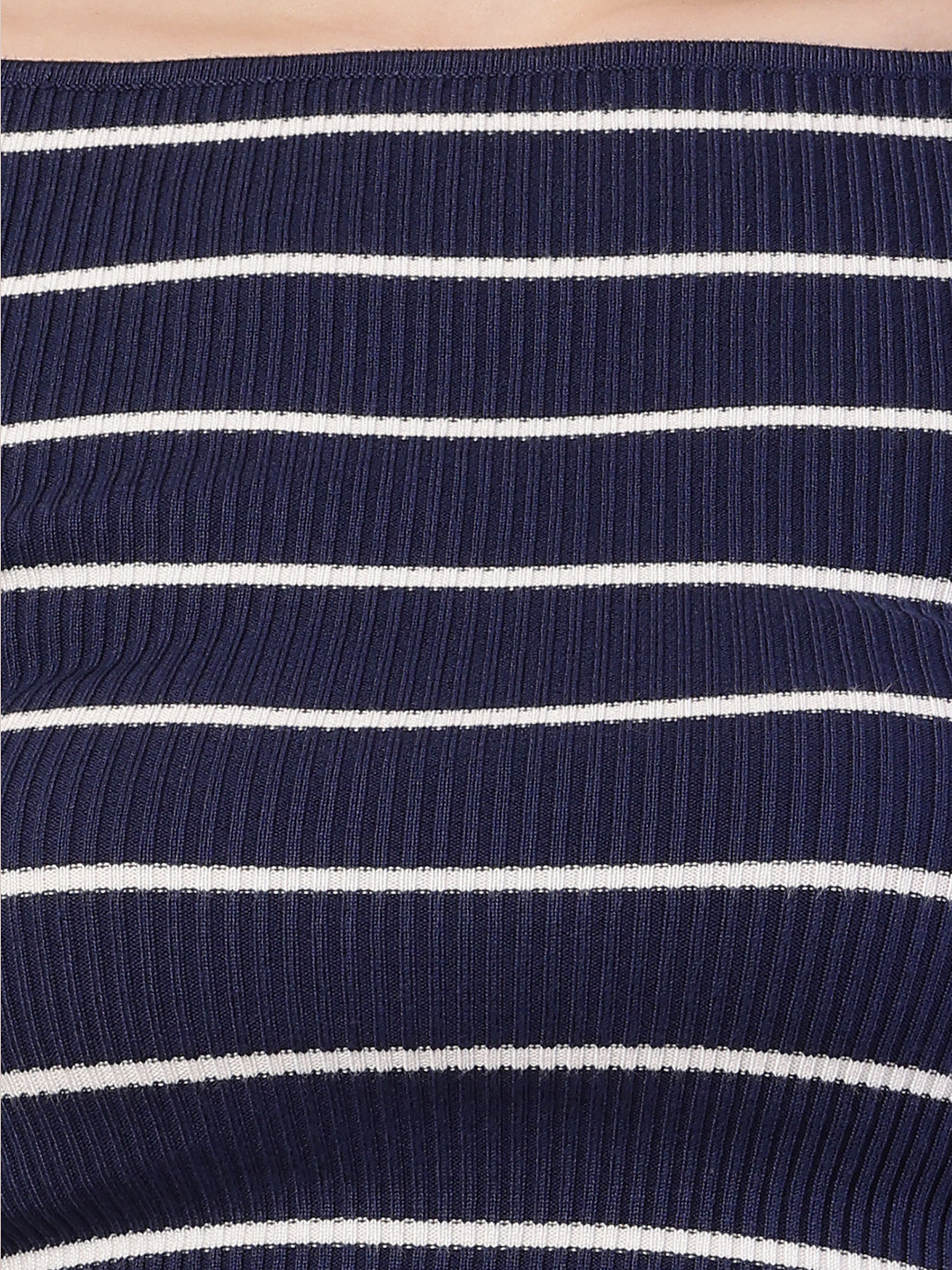 Acrylic Full Sleeve with Boat Neck Striped Ribbed Blue Top