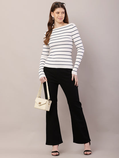 Acrylic Full Sleeve with Boat Neck Striped Ribbed White Top