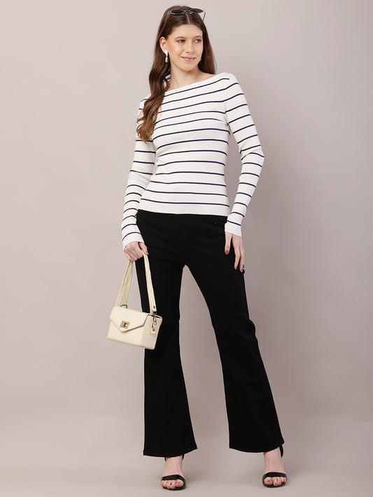 Acrylic Full Sleeve with Boat Neck Striped Ribbed White Top