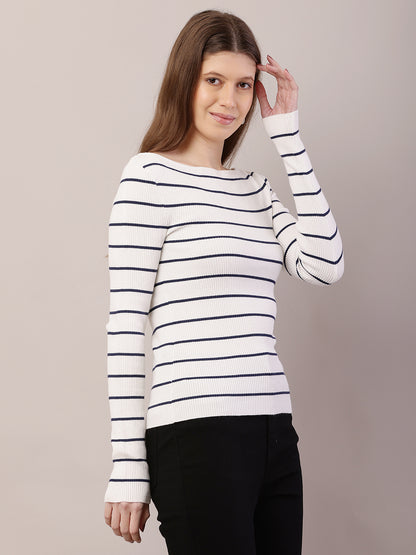 Acrylic Full Sleeve with Boat Neck Striped Ribbed White Top