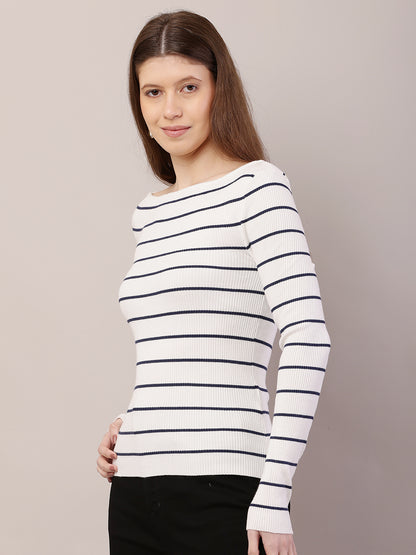 Acrylic Full Sleeve with Boat Neck Striped Ribbed White Top