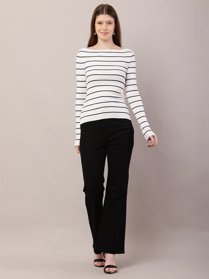 Acrylic Full Sleeve with Boat Neck Striped Ribbed White Top