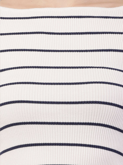 Acrylic Full Sleeve with Boat Neck Striped Ribbed White Top