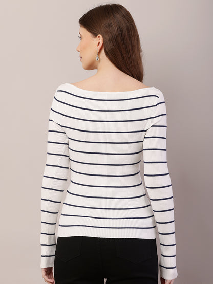Acrylic Full Sleeve with Boat Neck Striped Ribbed White Top