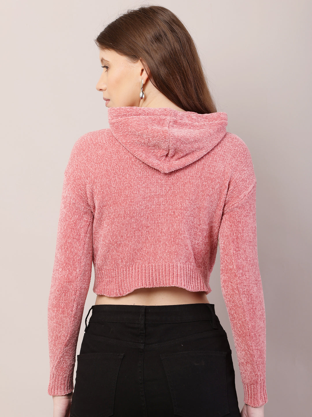 Polyester Full Sleeve with Hooded Crop Peach Sweatshirts
