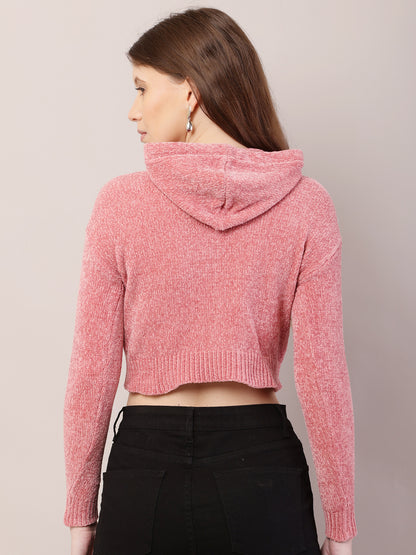 Polyester Full Sleeve with Hooded Crop Peach Sweatshirts