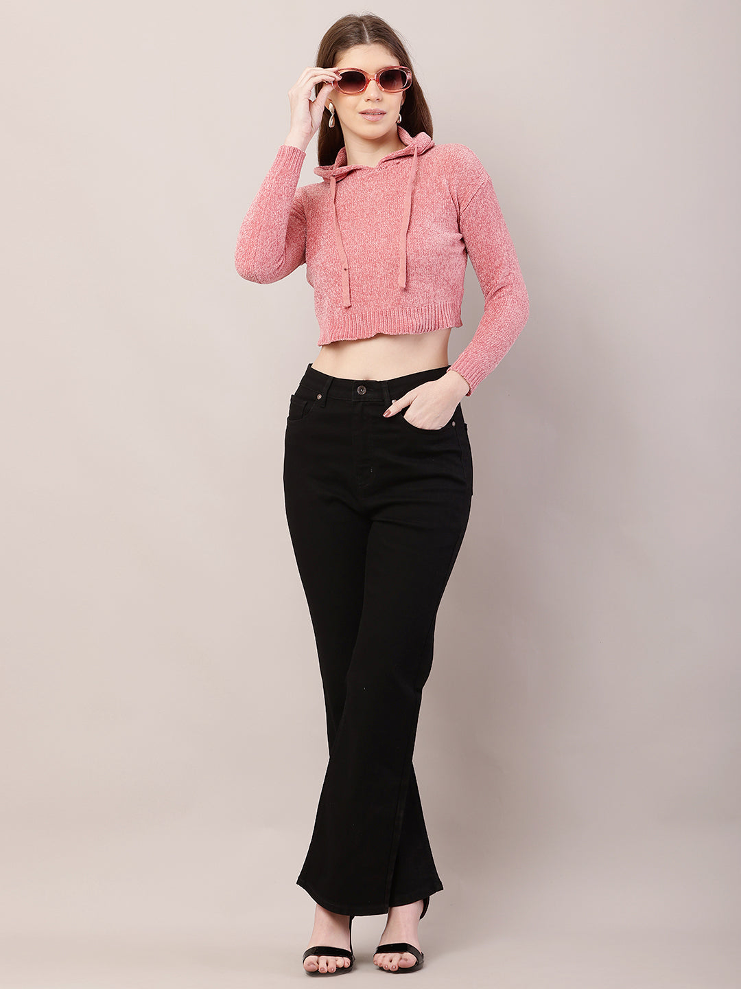 Polyester Full Sleeve with Hooded Crop Peach Sweatshirts