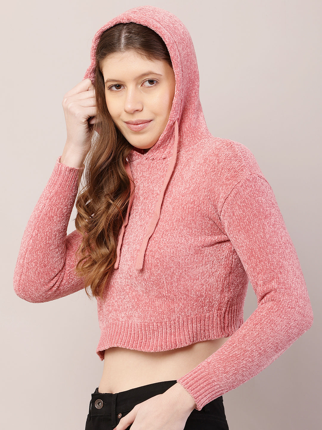 Polyester Full Sleeve with Hooded Crop Peach Sweatshirts