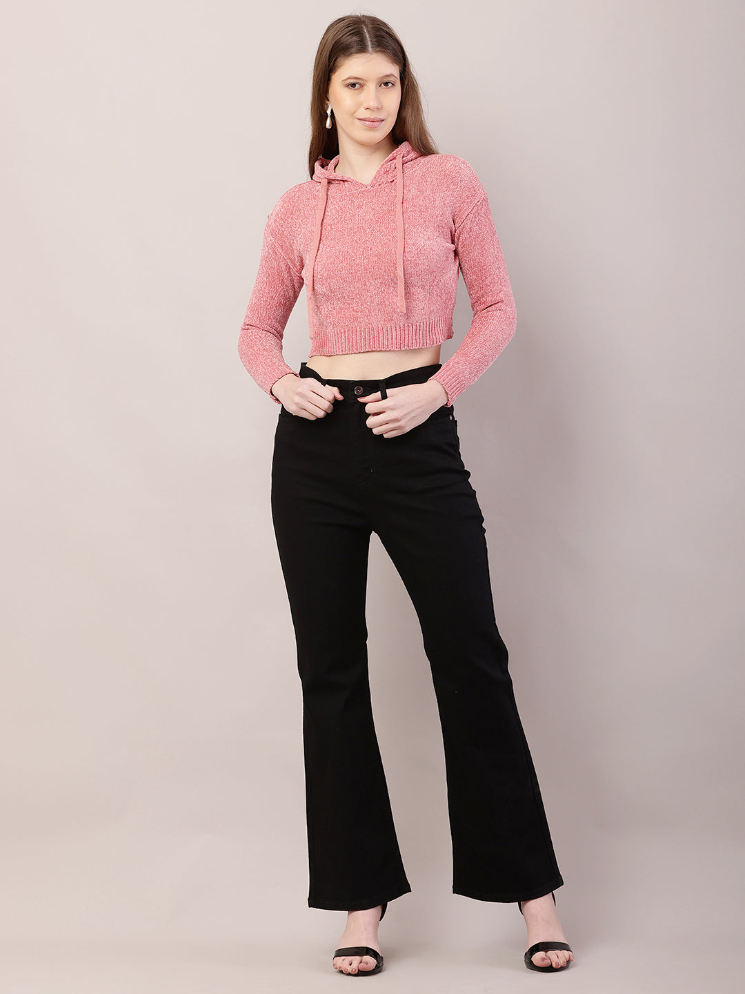 Polyester Full Sleeve with Hooded Crop Peach Sweatshirts