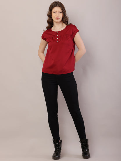 Polyester Round Neck with Short Sleeve Red Top