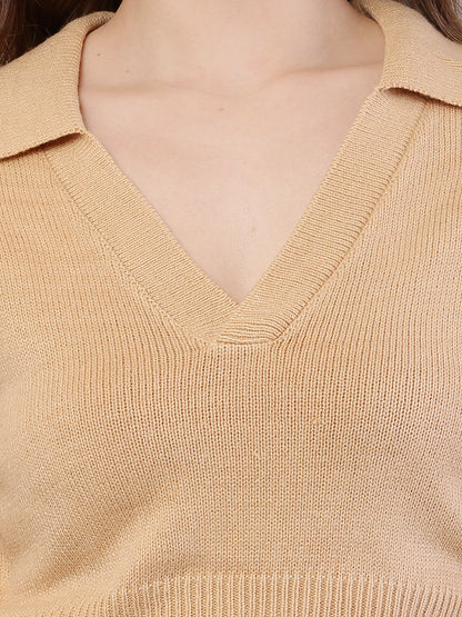 Polyester Full Sleeve with Collared ribbed Light Brown Sweater