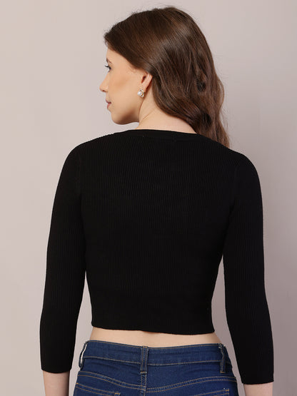 Viscose Round Neck with Full Sleeve Ribbed Crop Black Cardigan