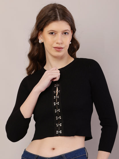 Viscose Round Neck with Full Sleeve Ribbed Crop Black Cardigan