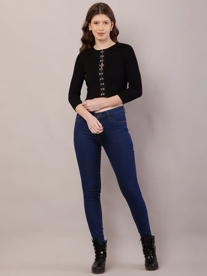 Viscose Round Neck with Full Sleeve Ribbed Crop Black Cardigan