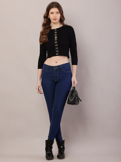 Viscose Round Neck with Full Sleeve Ribbed Crop Black Cardigan