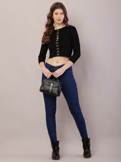 Viscose Round Neck with Full Sleeve Ribbed Crop Black Cardigan