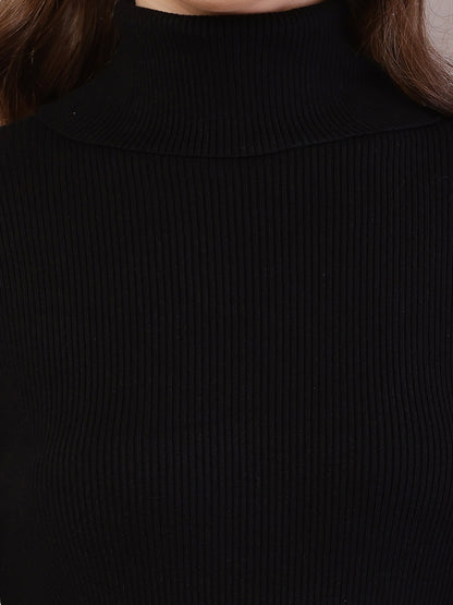 Viscose Full Sleeve with High-Neck Ribbed Black Bodycon Dress