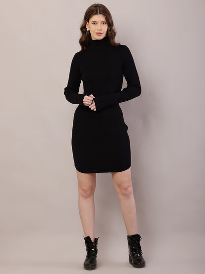 Viscose Full Sleeve with High-Neck Ribbed Black Bodycon Dress