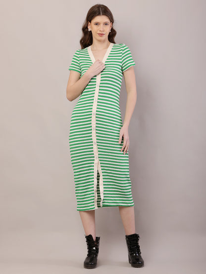 Button Crochet Cotton Green Striped Fitted Midi Dress