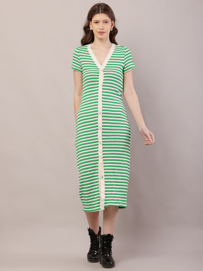Button Crochet Cotton Green Striped Fitted Midi Dress