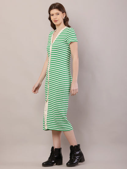 Button Crochet Cotton Green Striped Fitted Midi Dress