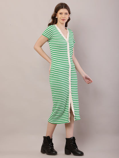 Button Crochet Cotton Green Striped Fitted Midi Dress