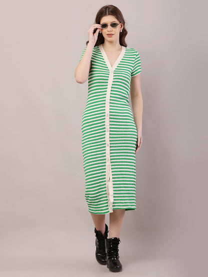 Button Crochet Cotton Green Striped Fitted Midi Dress