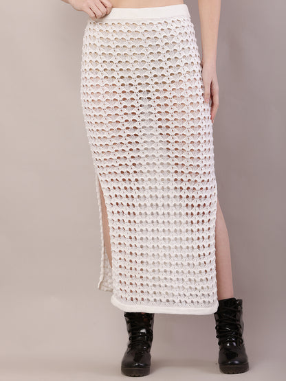Polyester Mesh Crochet Side Slit Cut off-White Sexy Sheer Maxi Skirt